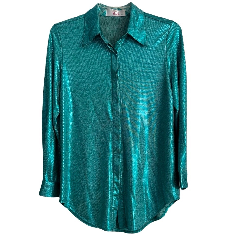 Krush Size Medium Polyester/Spandex Green Shimmer Long Sleeve Button Down Shirt